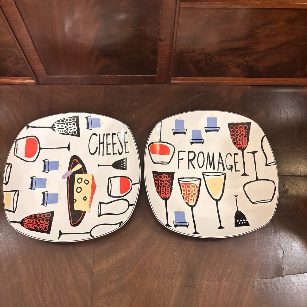Sakura Wine & Cheese Stoneware Plates Set of 2 Peggy Ann Sublett Square 9.5"